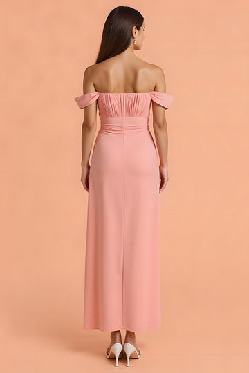 Blush Sheath Off the Shoulder Long Bridesmaid Dress with Slit